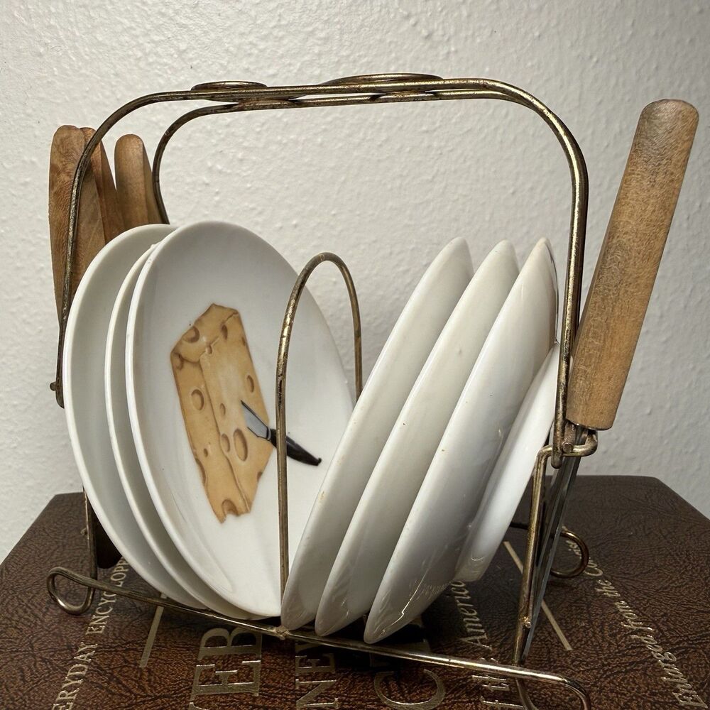RARE Vintage Set Of 6 Mini Plates 4" Cheese Japan w/ Stand and Cheese Knives
